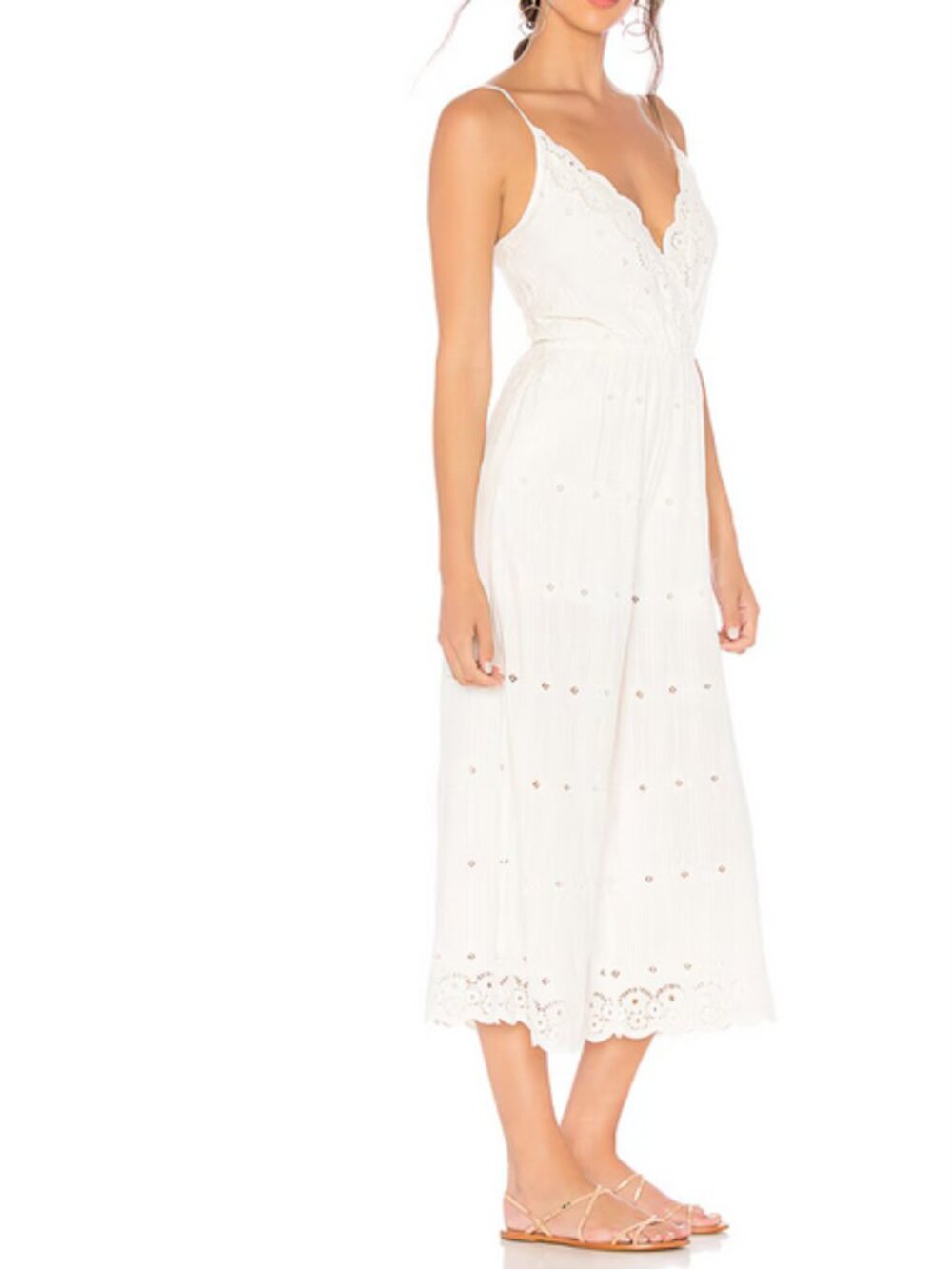 L Space Ciara White Eyelet Embroidered Scalloped Jumpsuit Cropped Wide Leg S